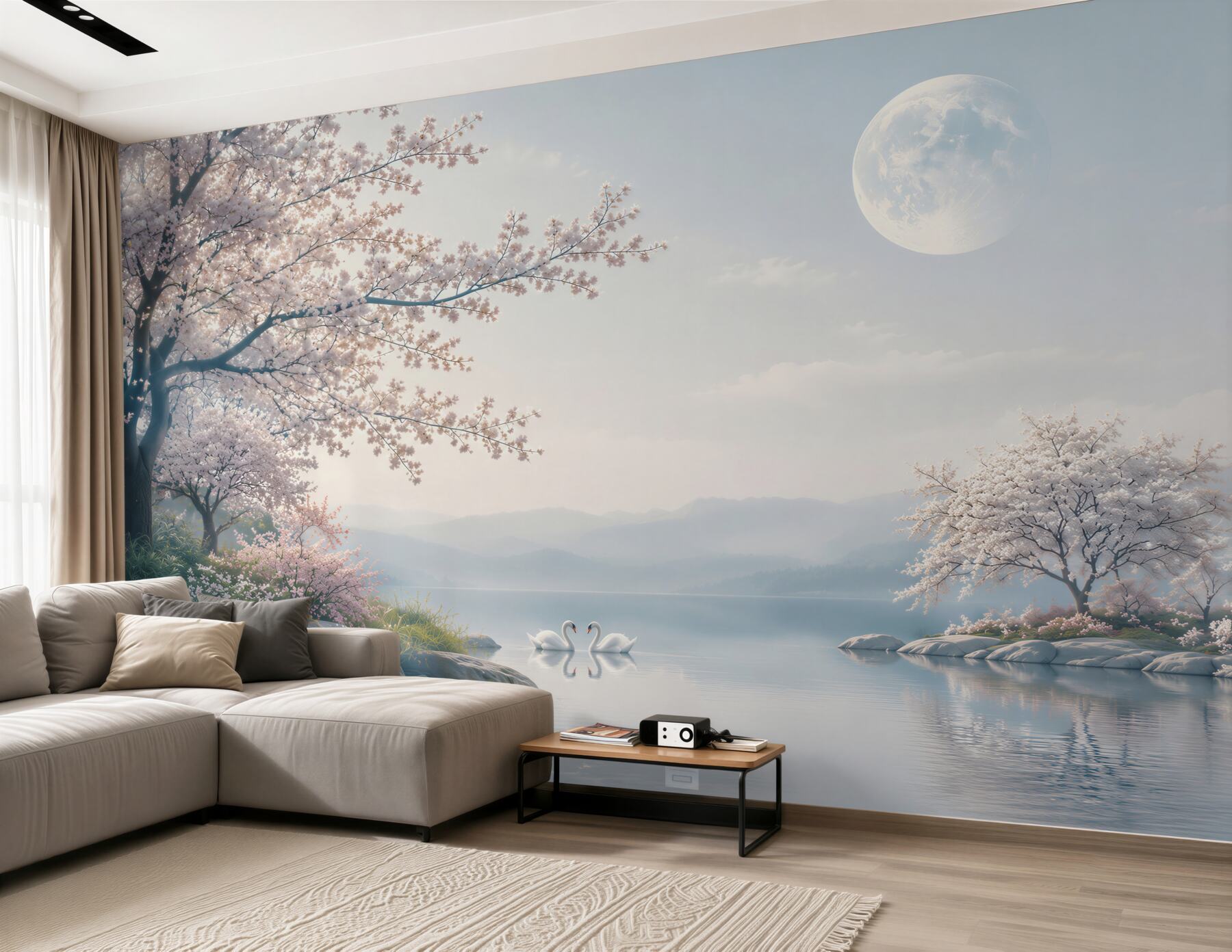 Fotobehang sprookjesachtige maan in een bloeiende kersenboomgaard