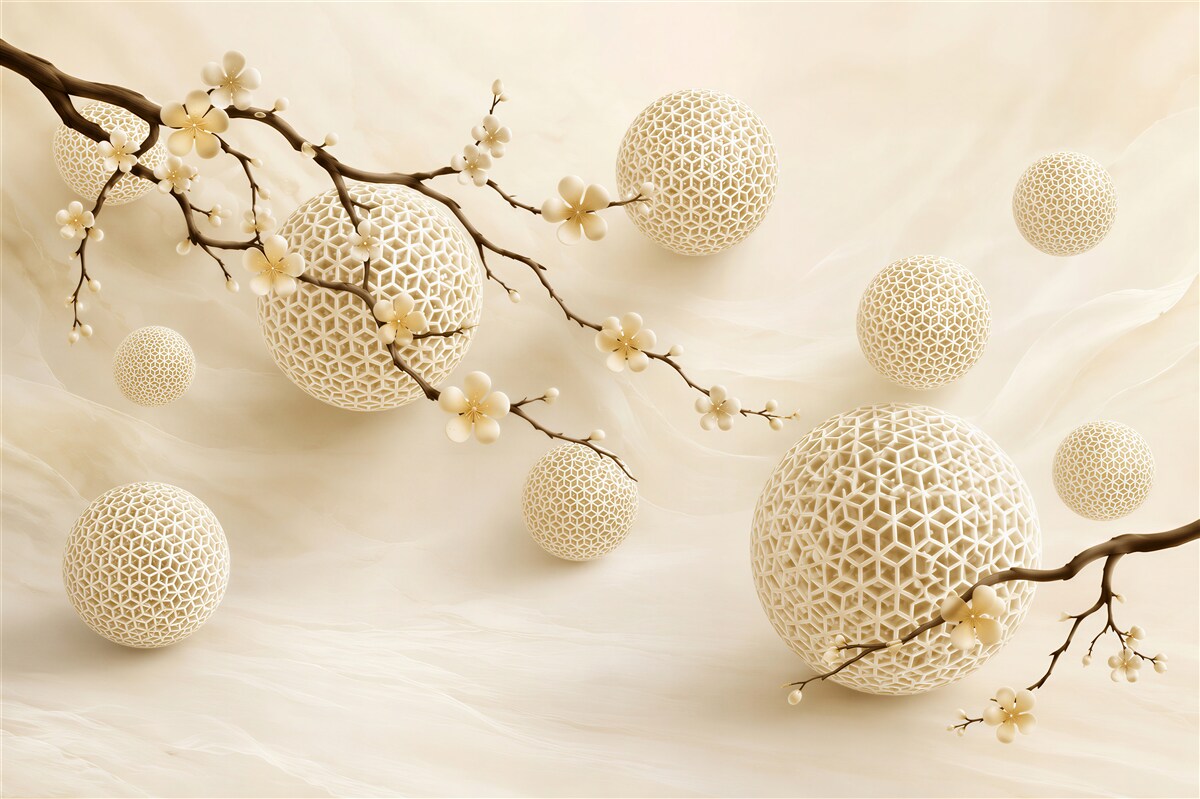 Fotobehang takken met bloemen in knop en gouden bollen