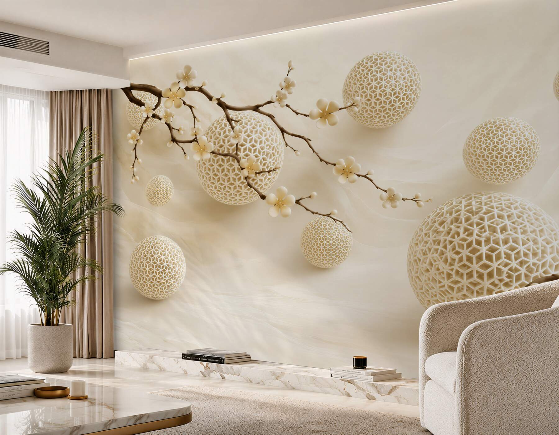 Fotobehang takken met bloemen in knop en gouden bollen