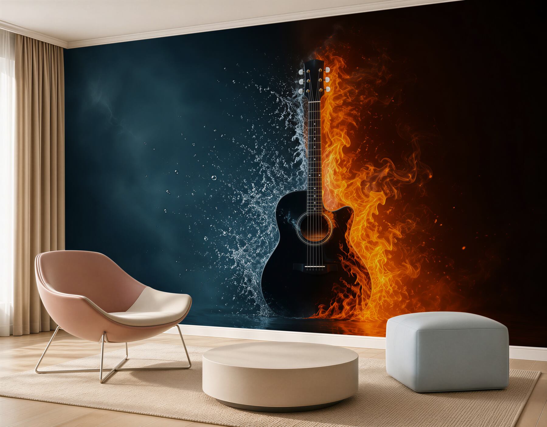Fotobehang gitaar in het water en in vlammen