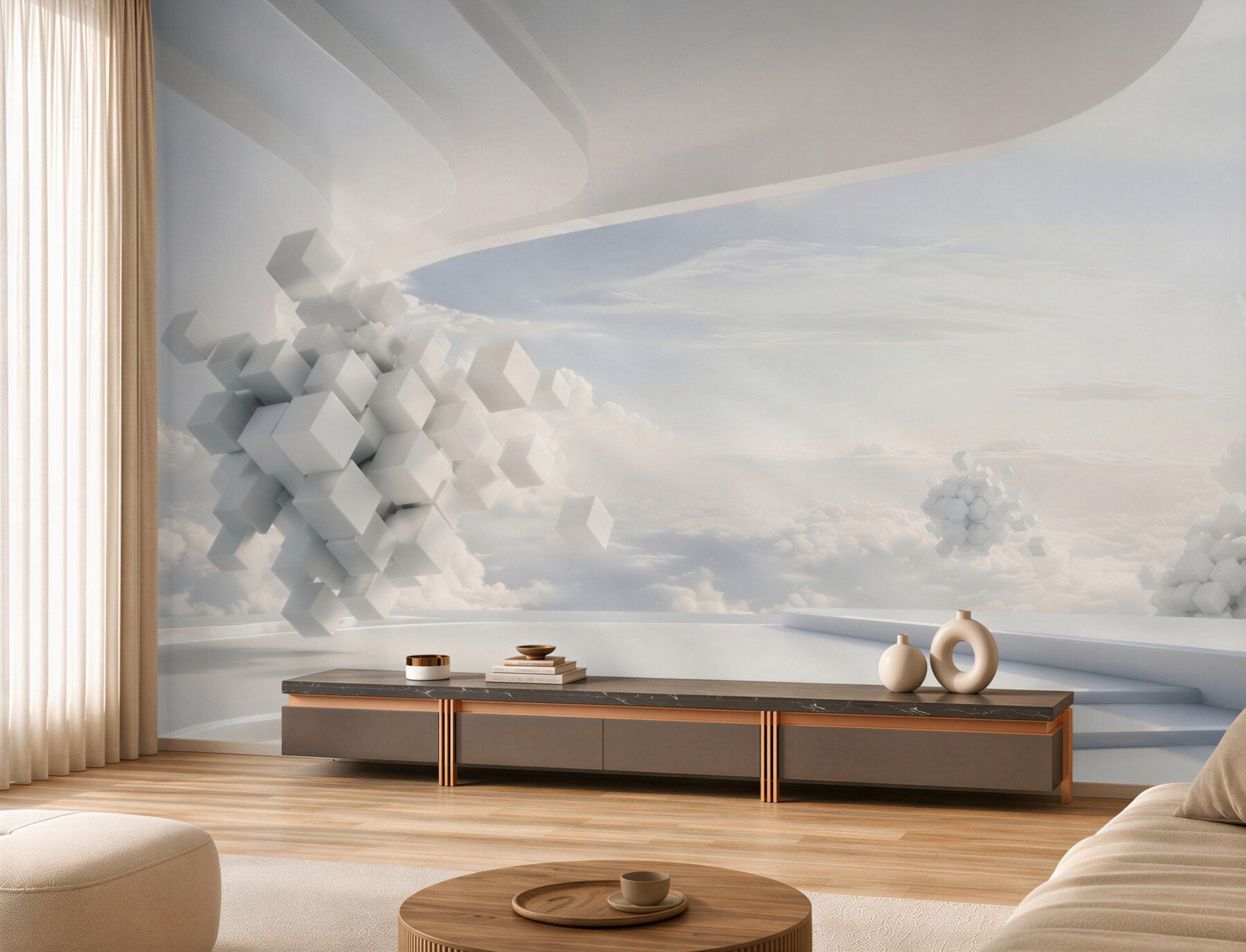 Fotobehang blauwe lucht en witte wolken in geometrische representatie