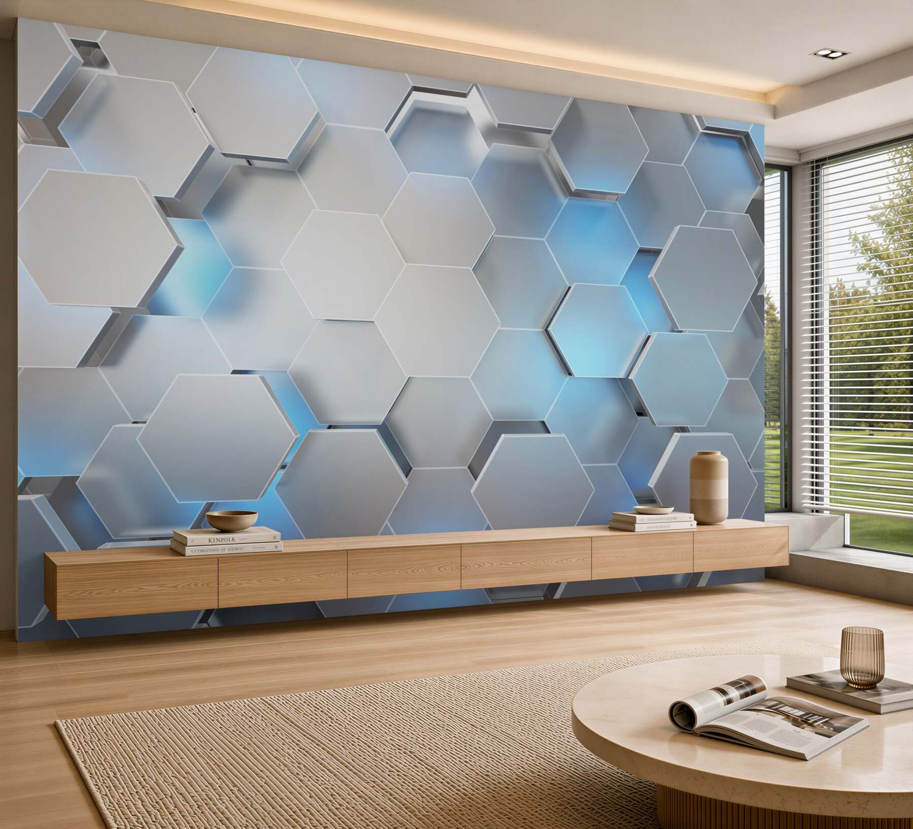 Fotobehang grijze hexagons met blauwe verlichting