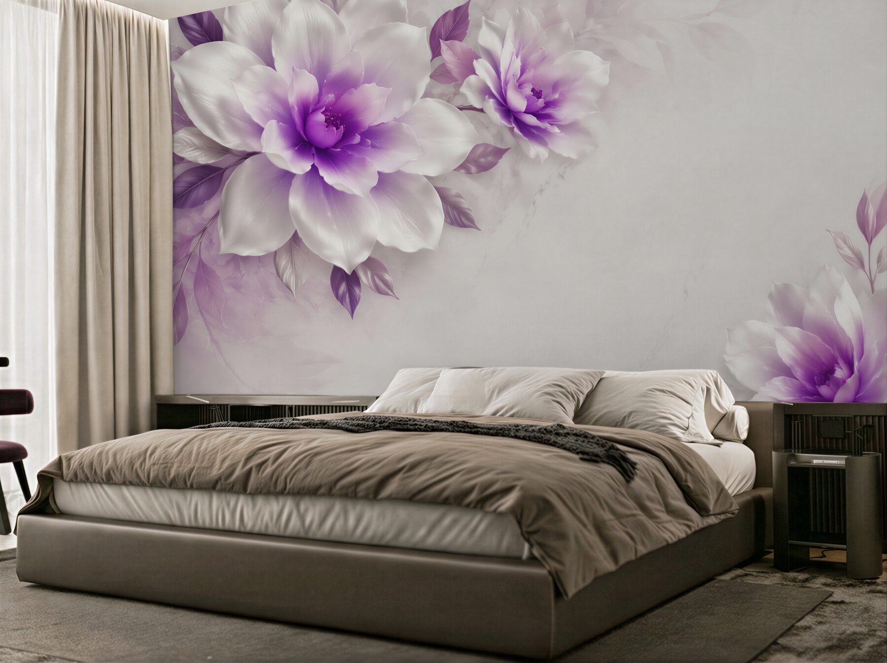 Fotobehang paarse bloemen op een witte achtergrond