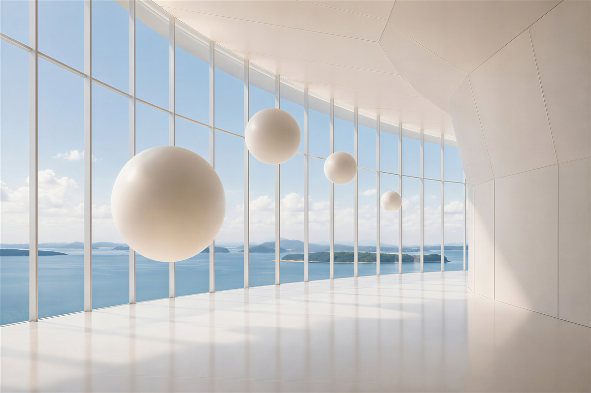 Fotobehang witte ballen die in een tunnel in de lucht vliegen