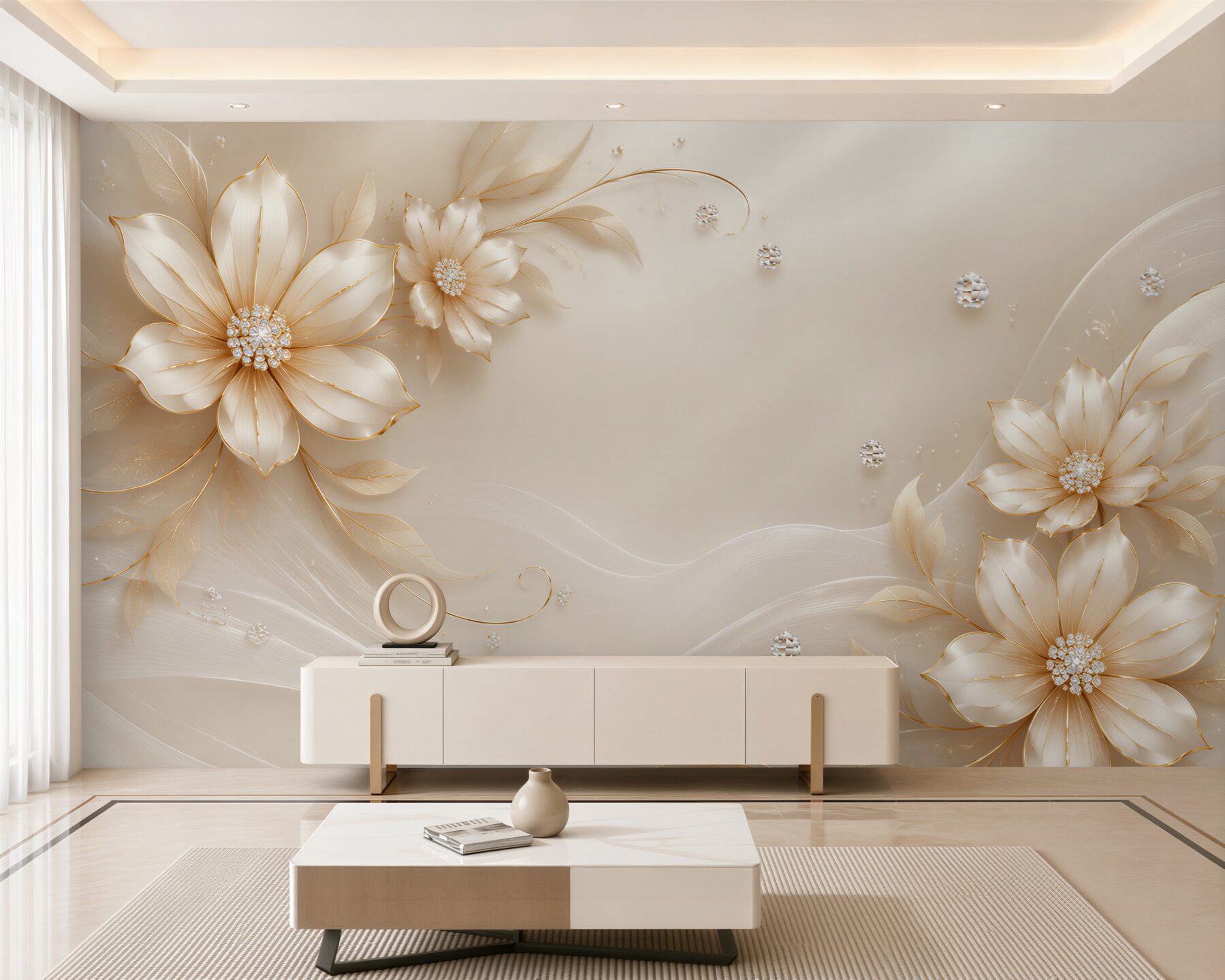 Fotobehang gouden bloemen in parels