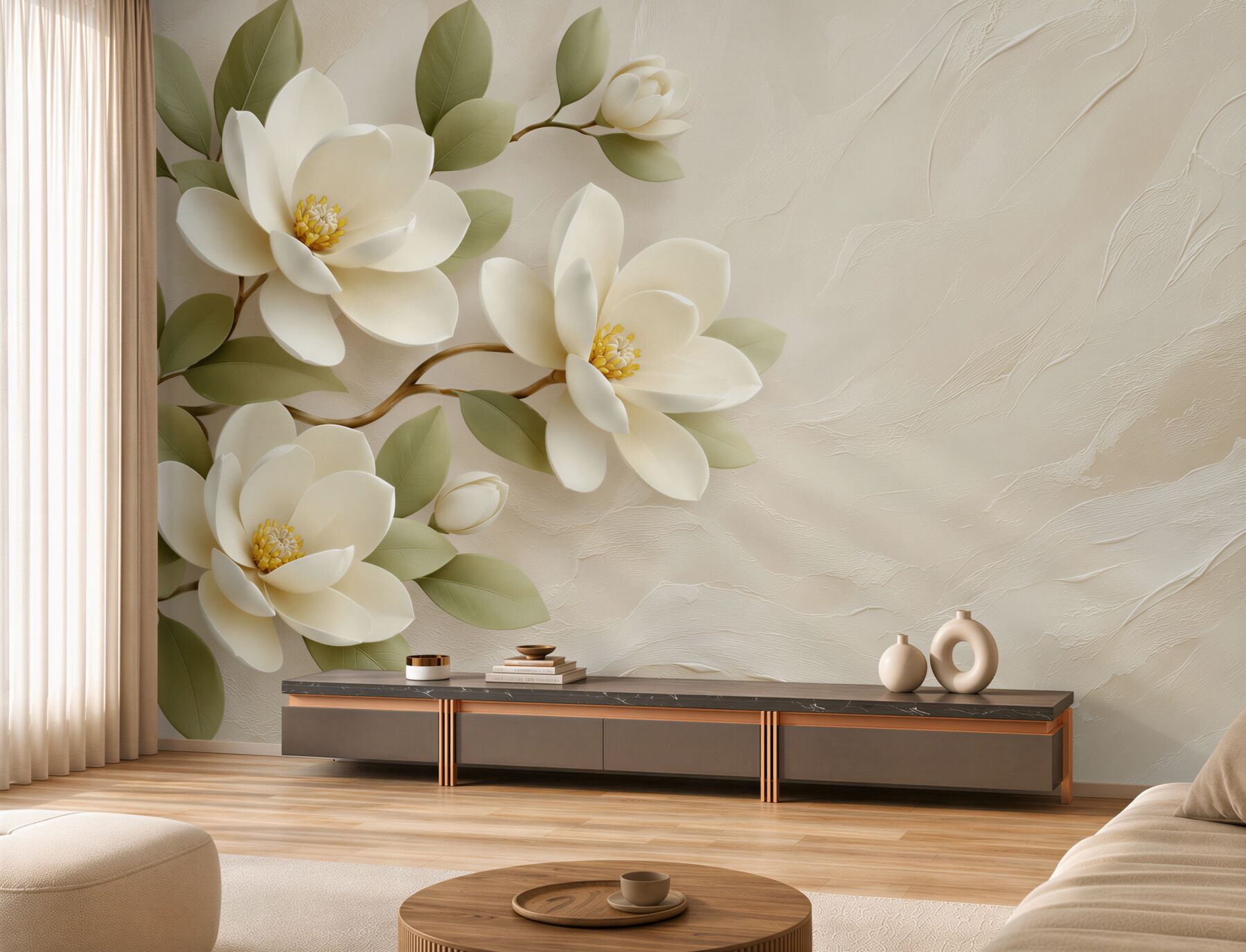 Fotobehang drie grote witte waterlelies