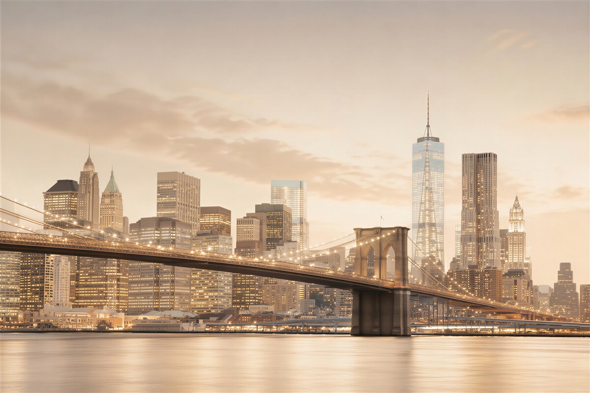 Fotobehang Brooklyn Bridge op de achtergrond van de metropool