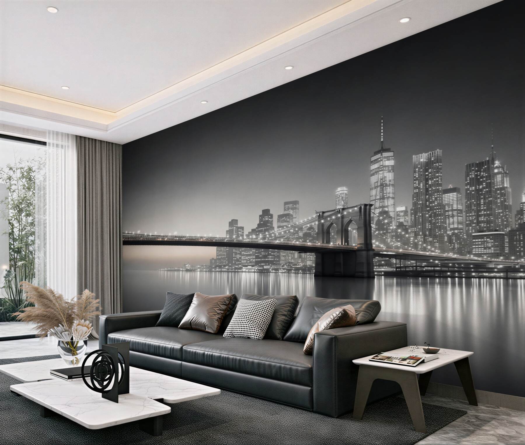 Fotobehang zwart-wit panorama van de Brooklyn Bridge