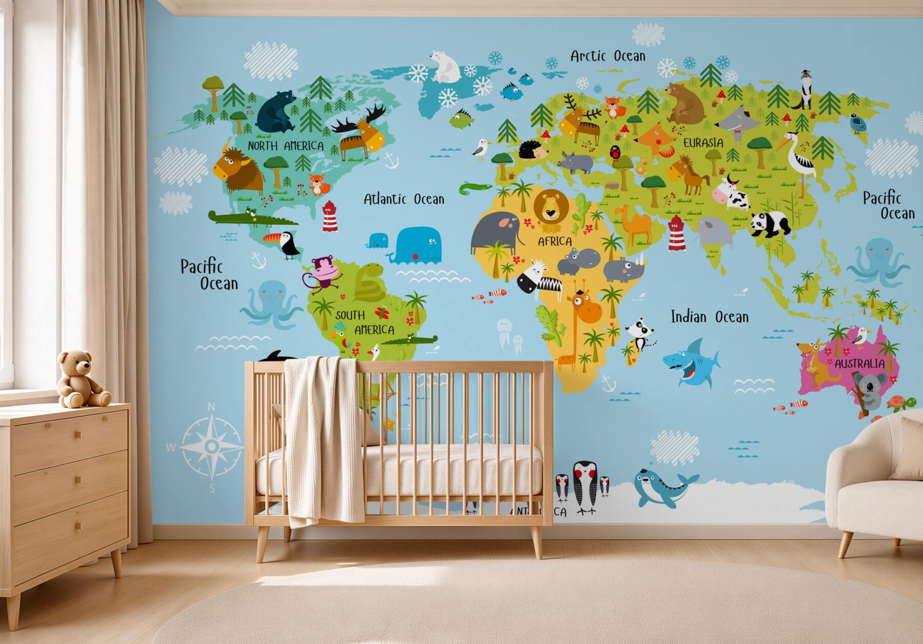 Fotobehang wereldkaart voor kinderen met dieren