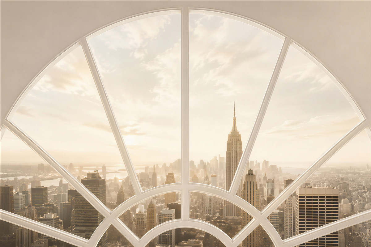 Fotobehang raam in een bakstenen muur met uitzicht op New York