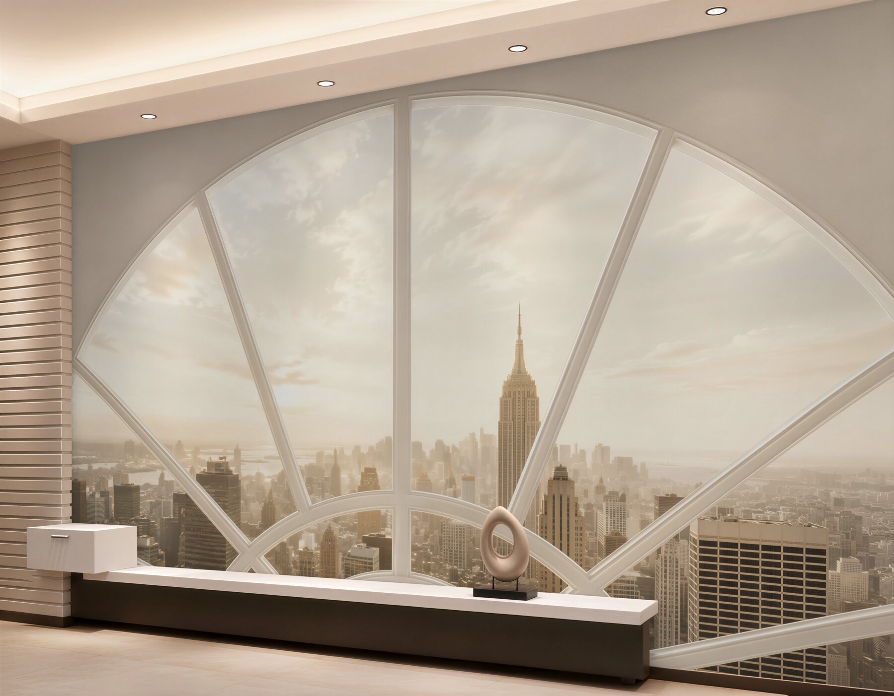Fotobehang raam in een bakstenen muur met uitzicht op New York