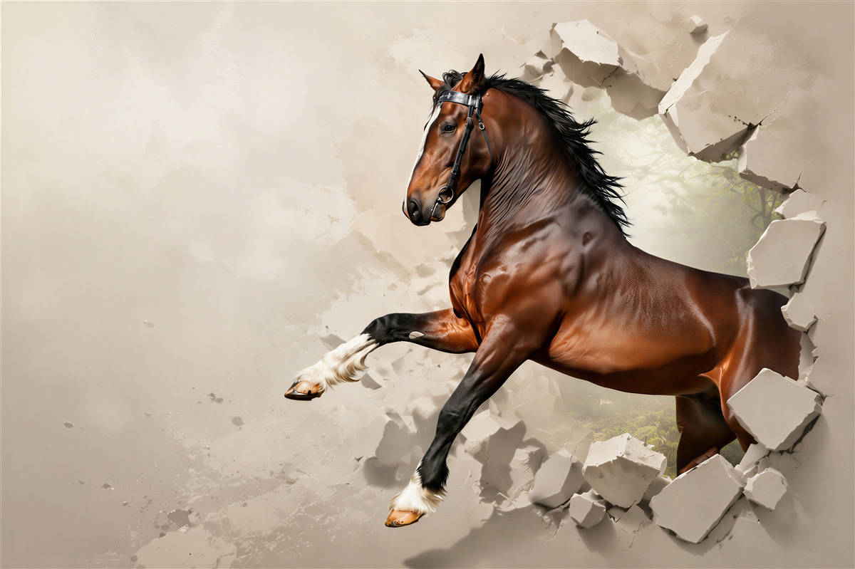 Fotobehang bruin paard breekt de muur