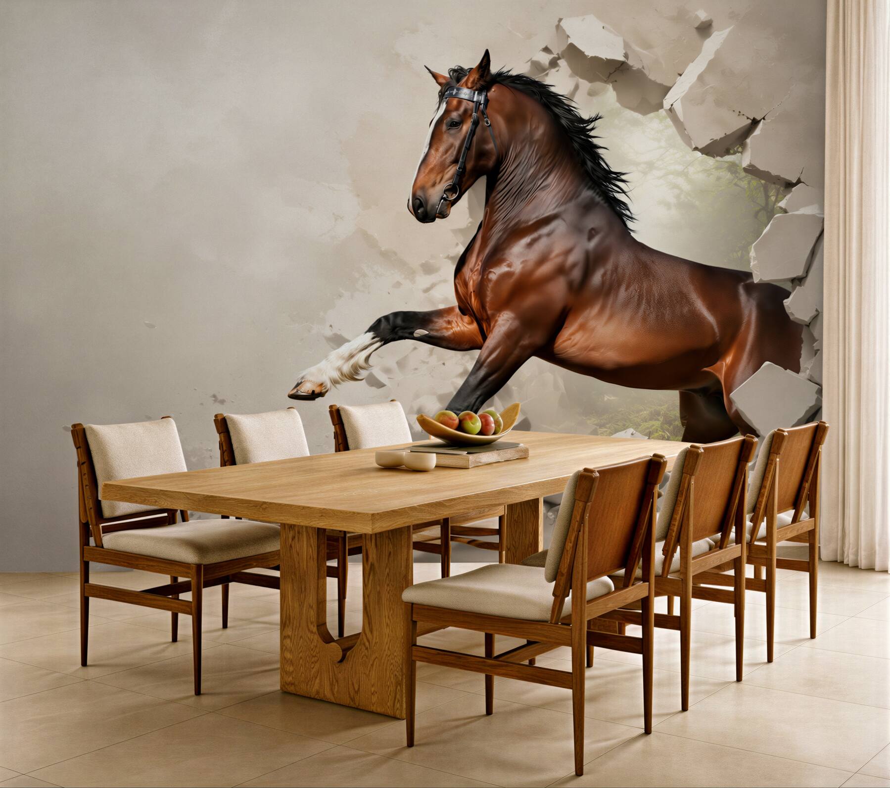 Fotobehang bruin paard breekt de muur