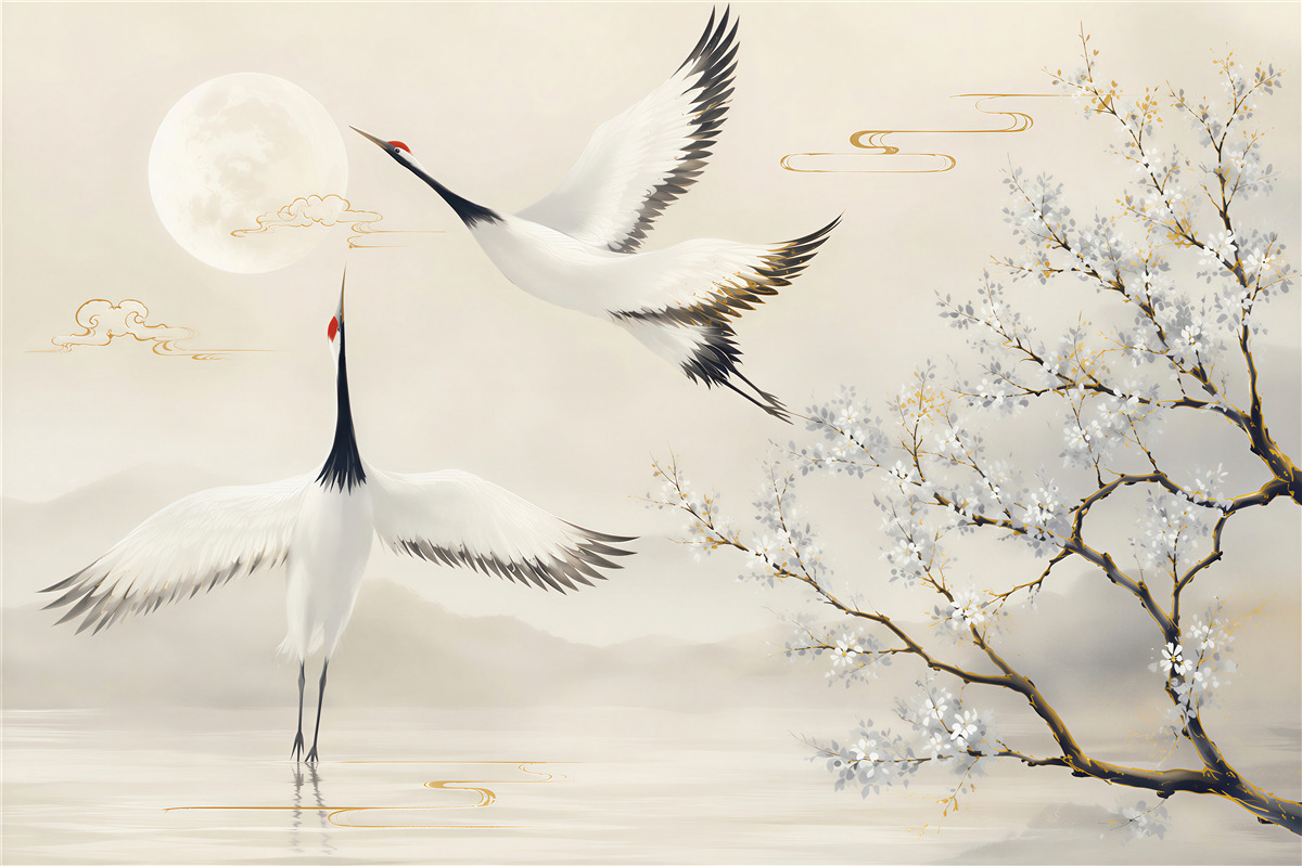 Fotobehang kraanvogels ontmoeten de maan