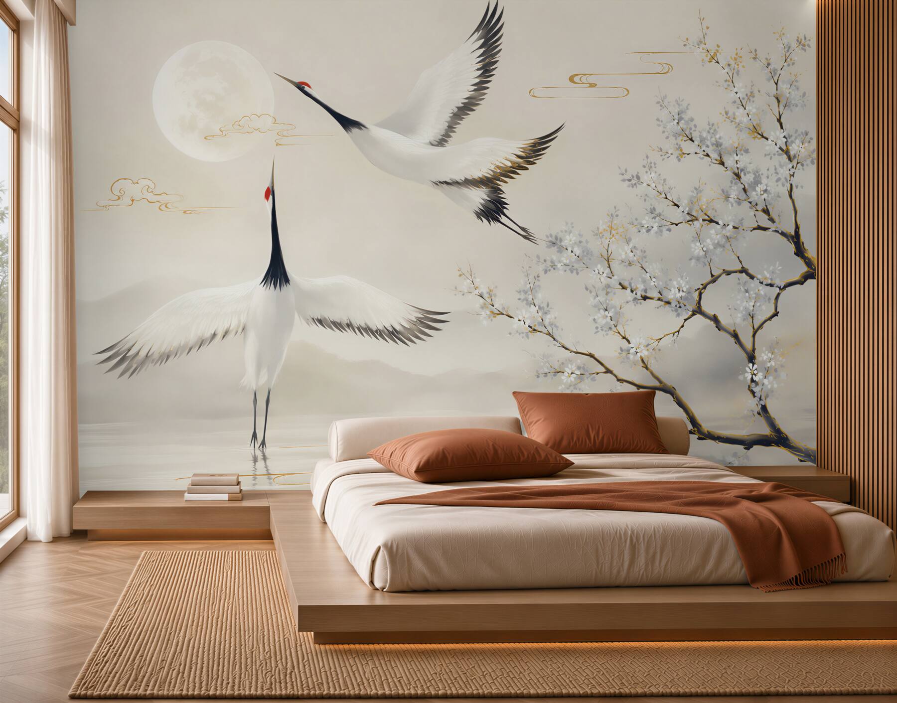 Fotobehang kraanvogels ontmoeten de maan