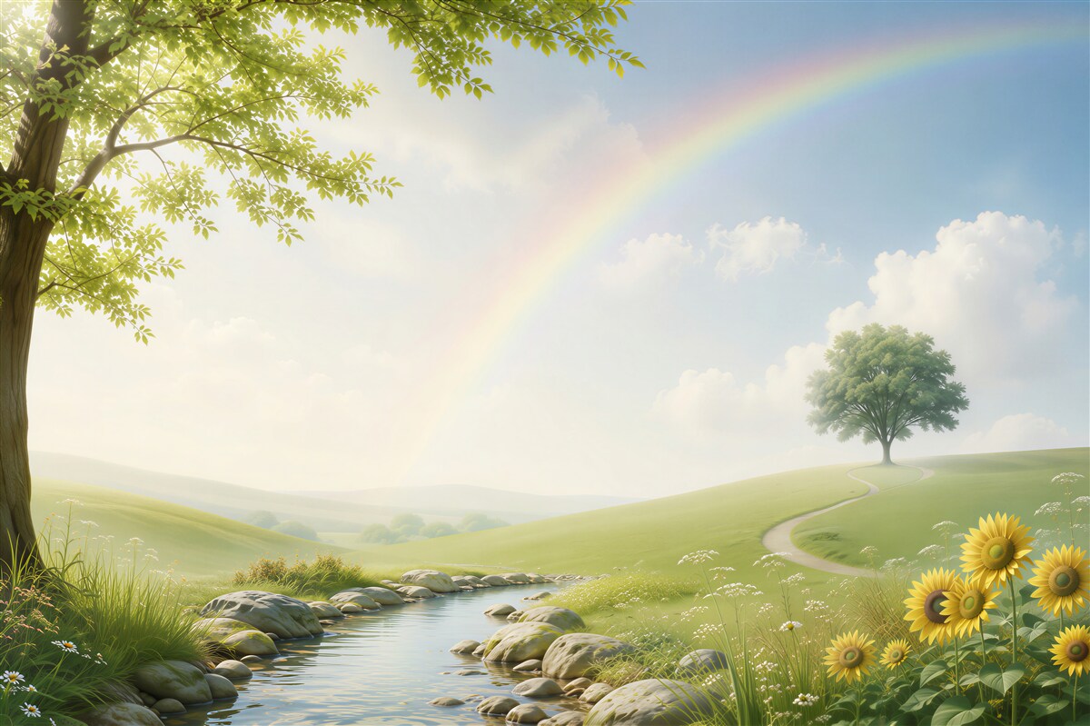 Fotobehang regenboog boven groene weilanden