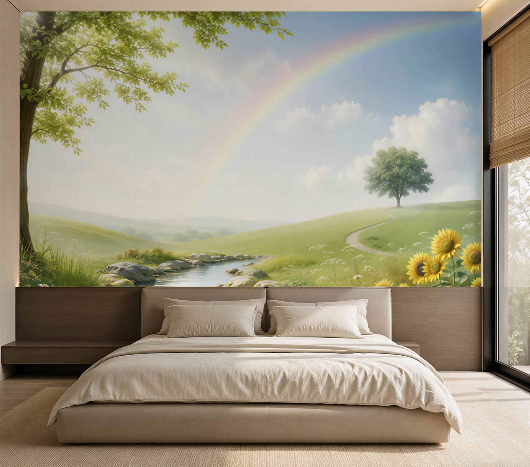 Fotobehang regenboog boven groene weilanden