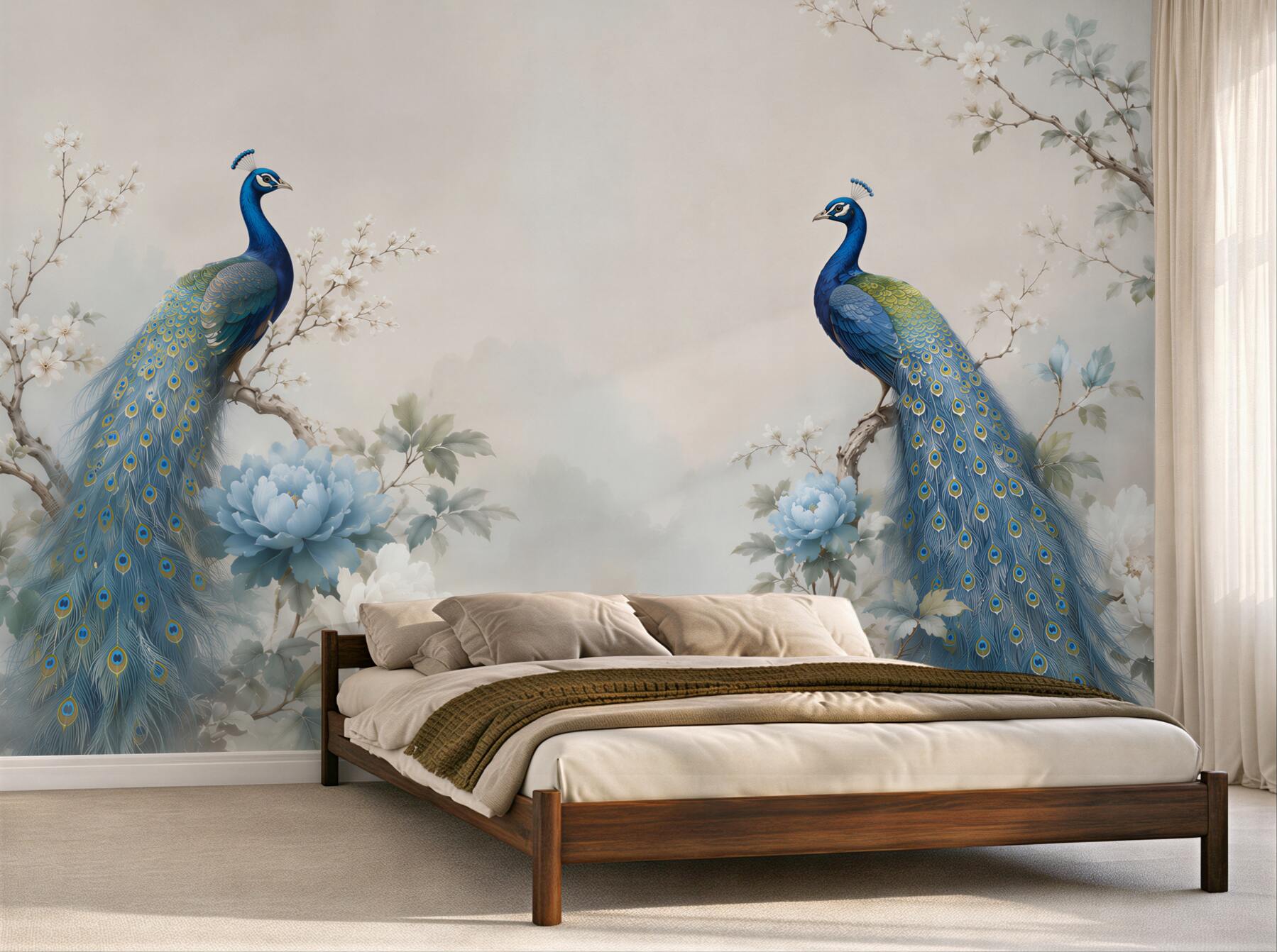 Fotobehang blauwe pauwen op blauwe bloemen