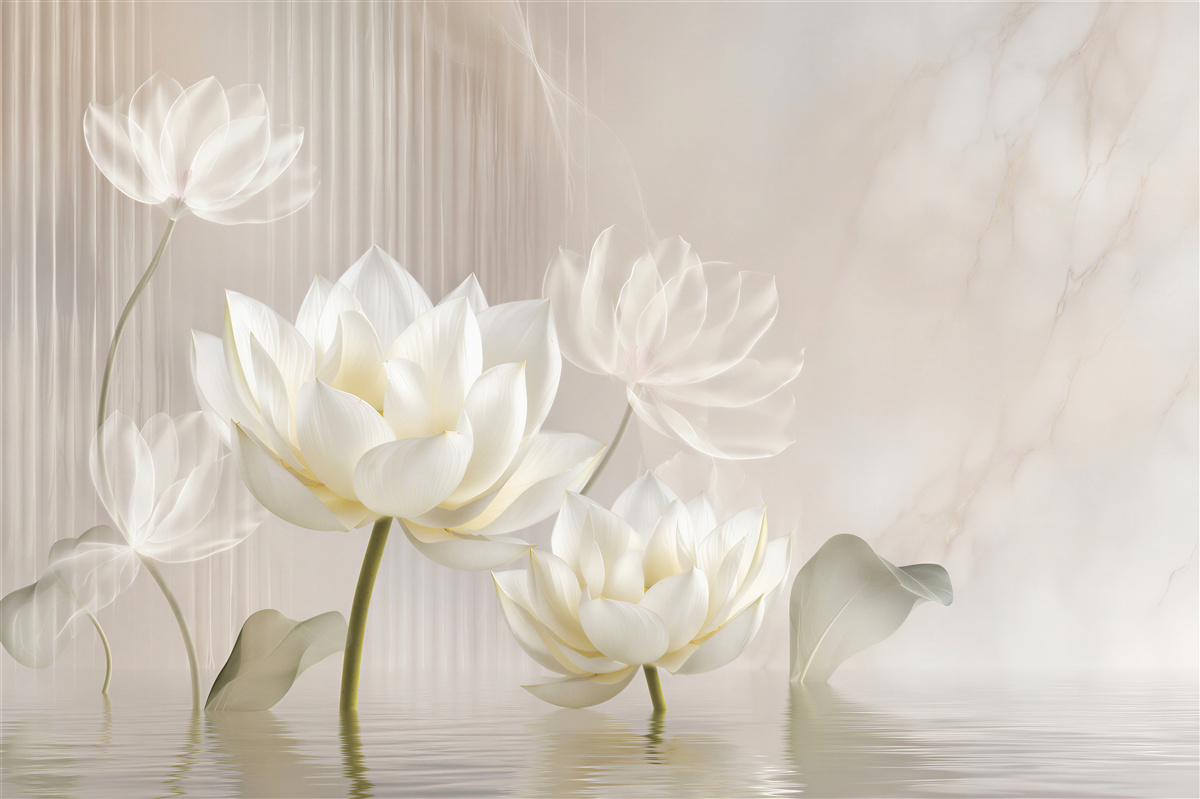 Fotobehang witte bloemen die uit het water komen