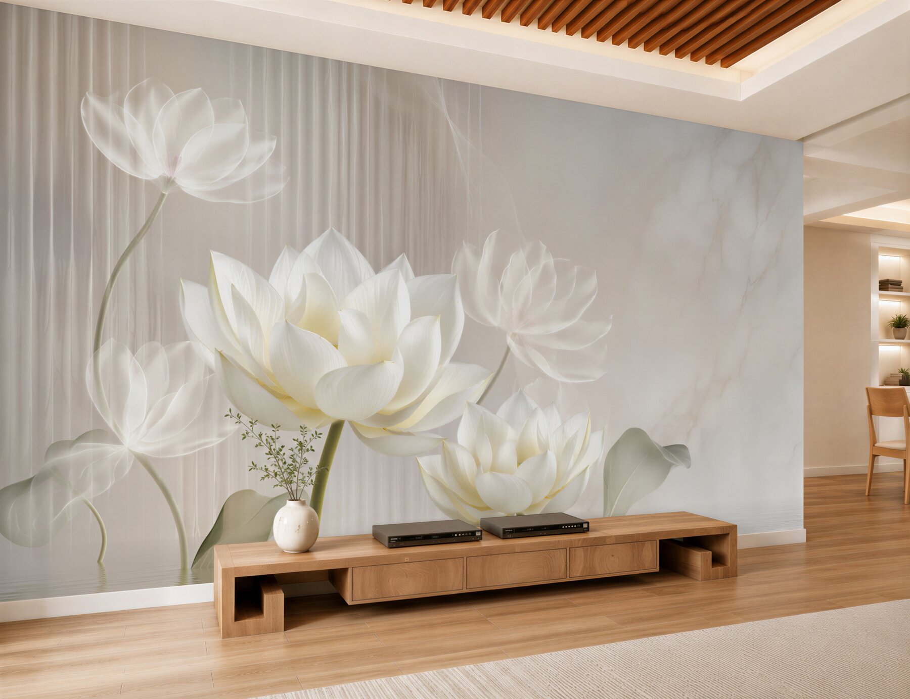 Fotobehang witte bloemen die uit het water komen