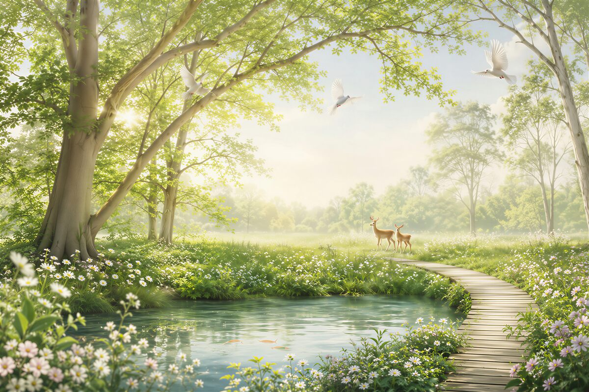 Fotobehang groene zonnige weide bij zonsopgang