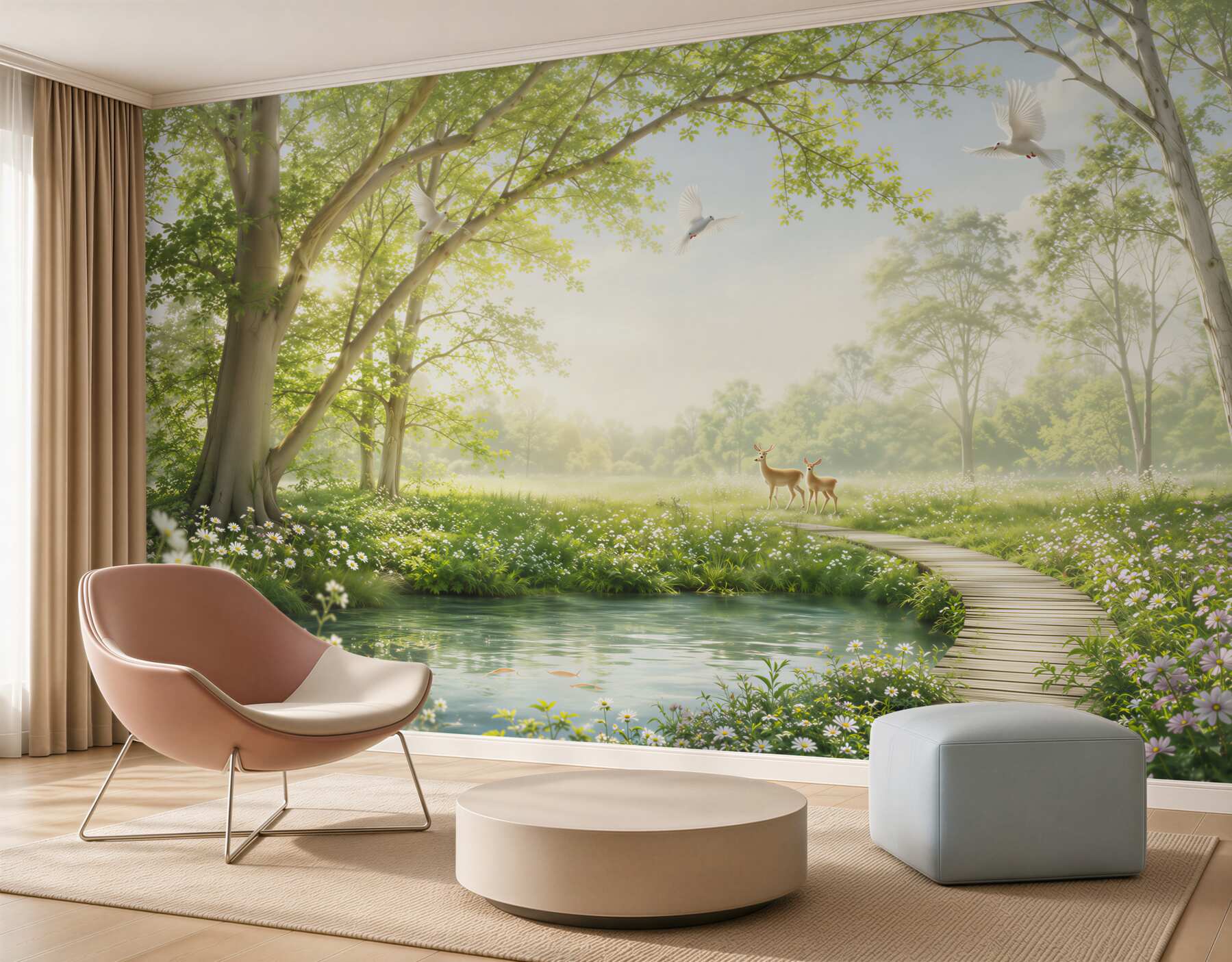 Fotobehang groene zonnige weide bij zonsopgang