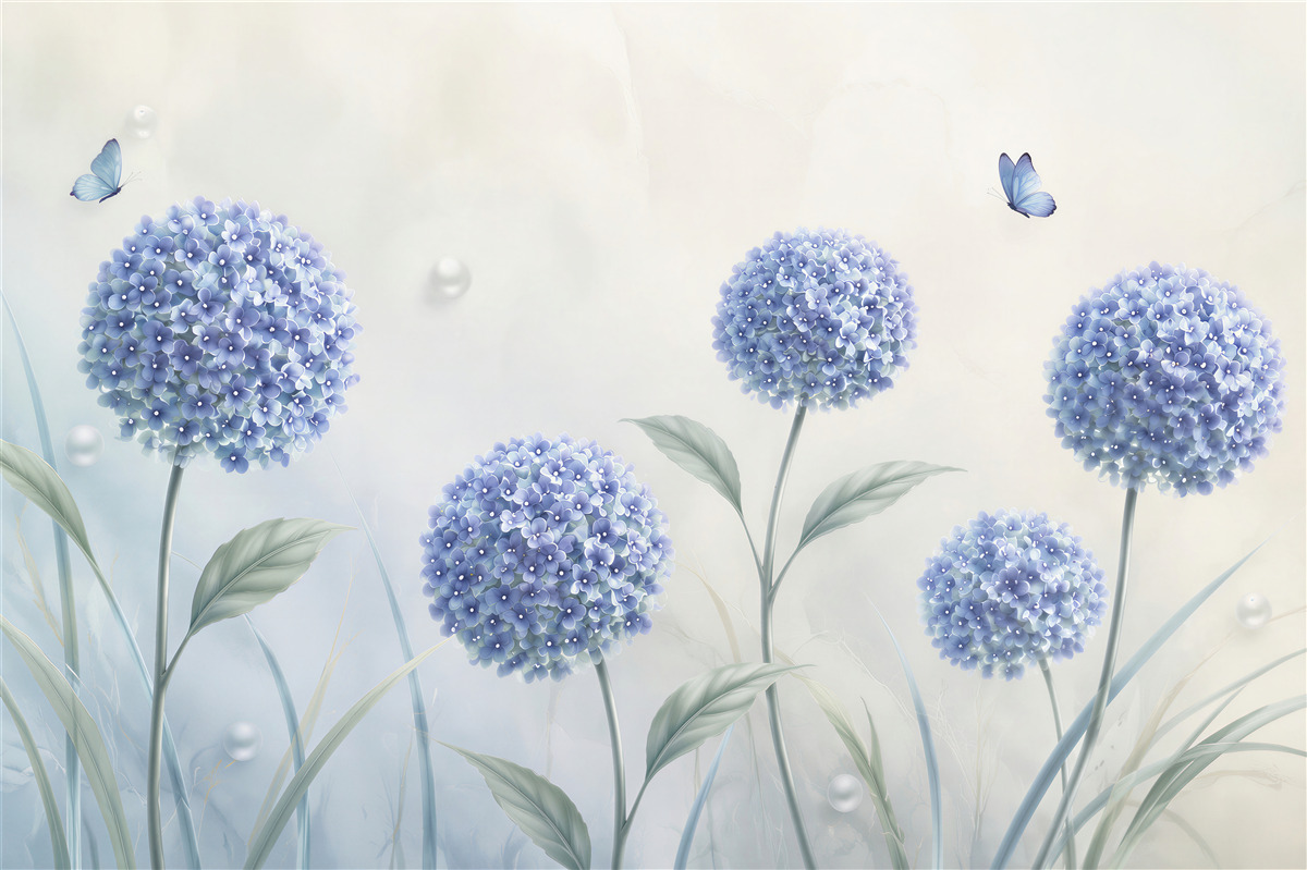 Fotobehang buitengewone blauwe bloemen en vlinders
