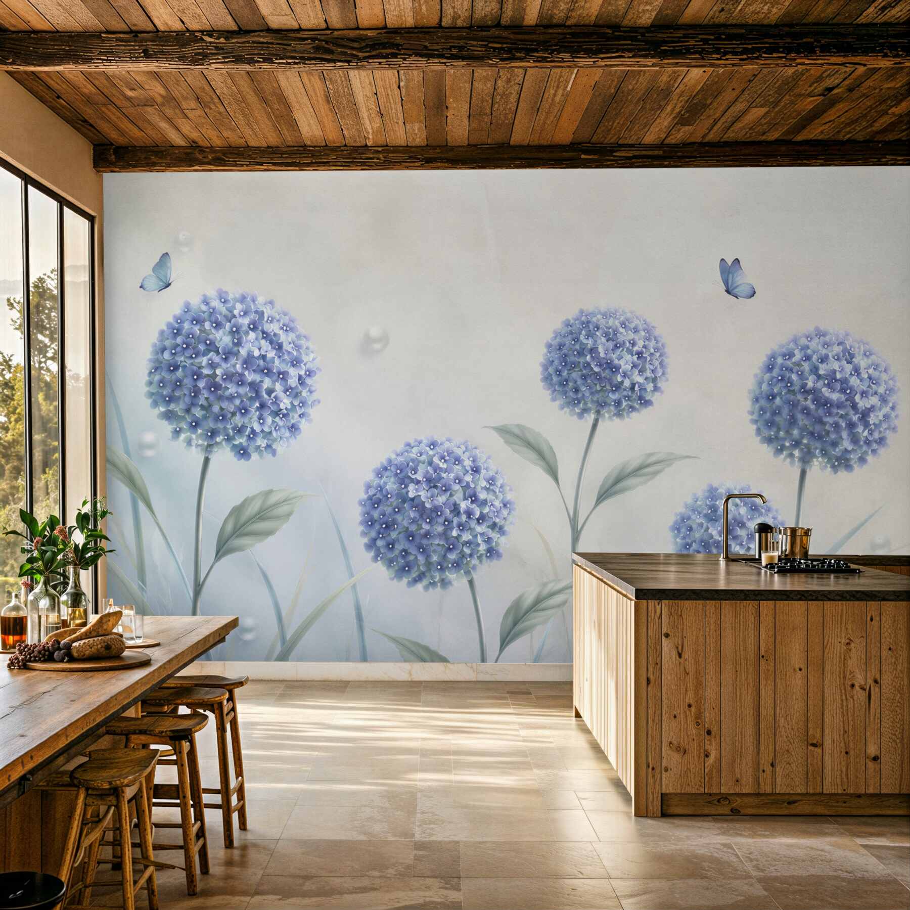 Fotobehang buitengewone blauwe bloemen en vlinders