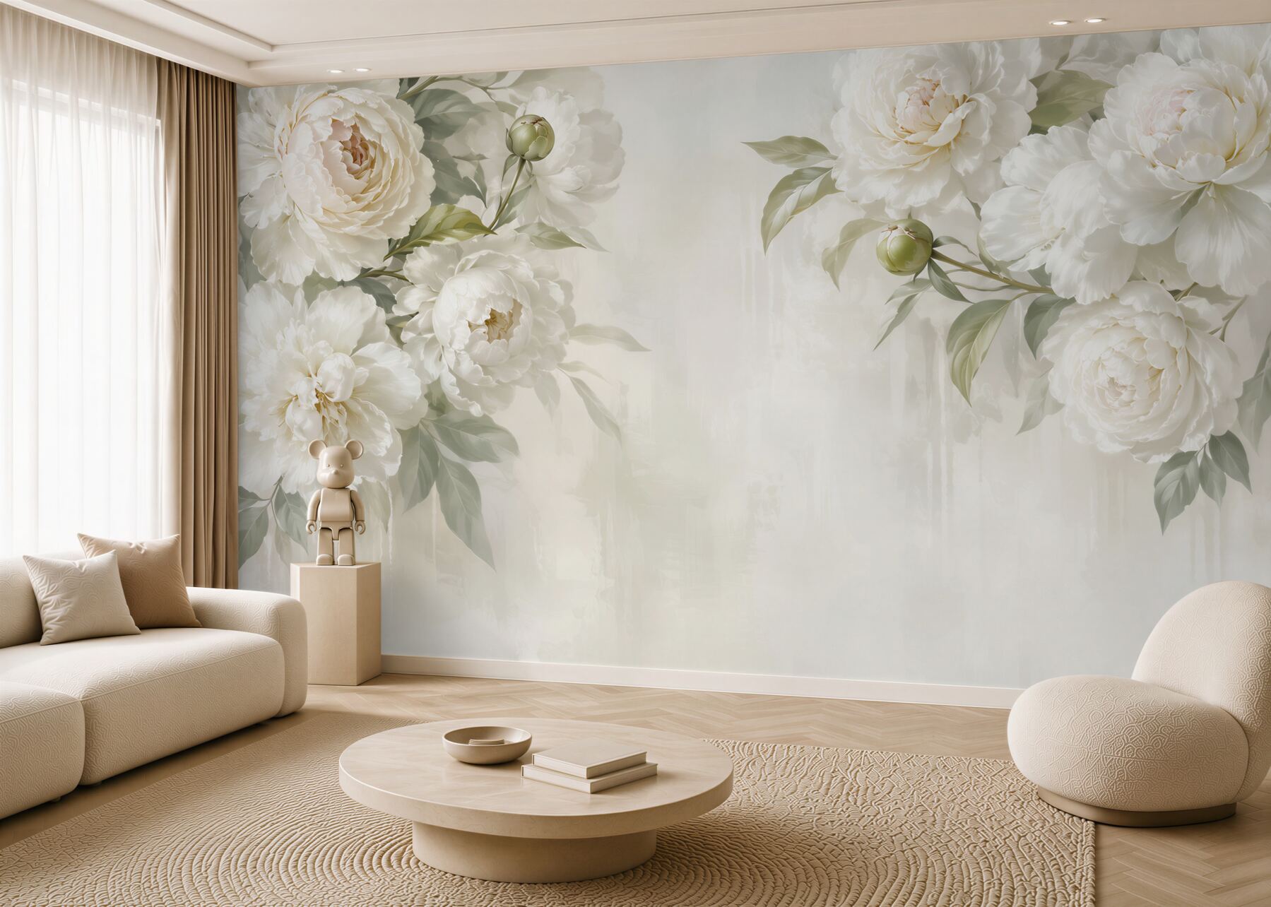 Fotobehang grote witte bloemen op een betonnen muur