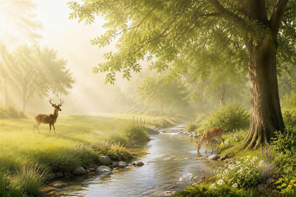 Fotobehang herten bij een bosrivier