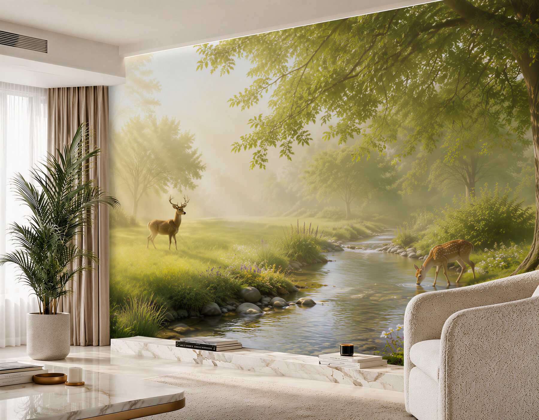 Fotobehang herten bij een bosrivier