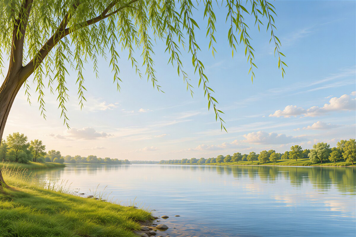Fotobehang mooie wilg naast rustig water