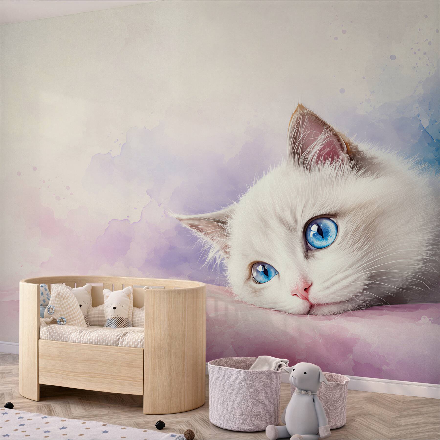 Fotobehang nadenkende kat met blauwe ogen