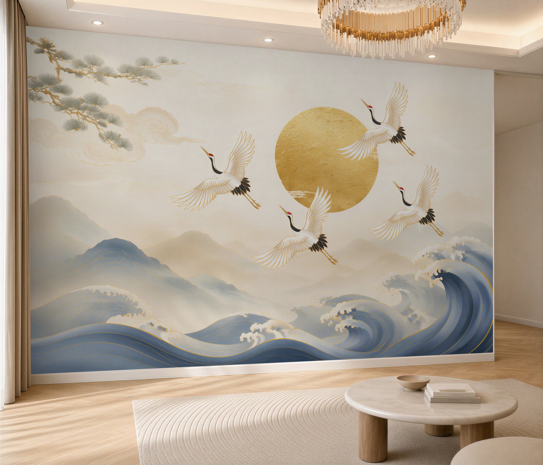Fotobehang een groep kraanvogels vliegt naar huis