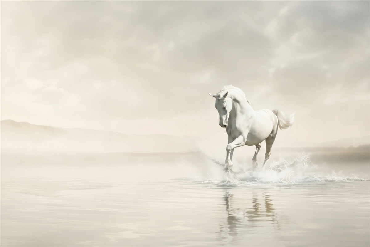 Fotobehang krachtige galop van een wit paard over het water