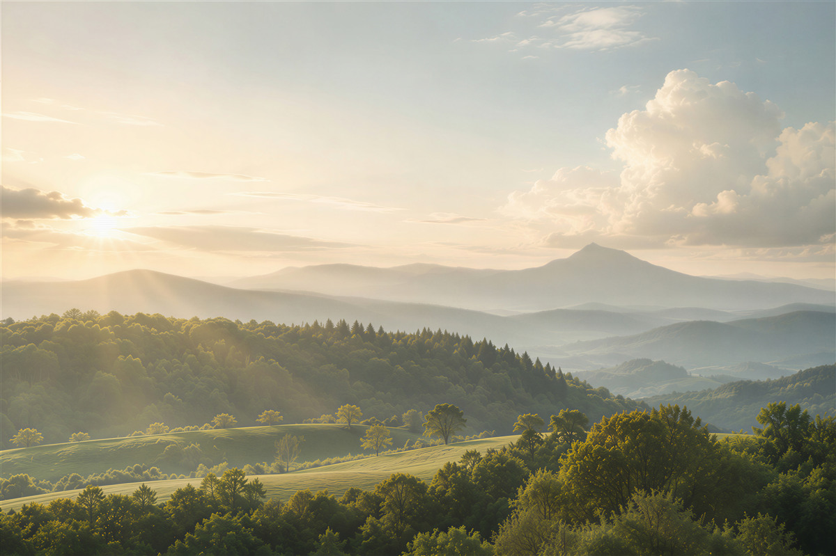 Fotobehang ochtendstralen boven de bergtoppen