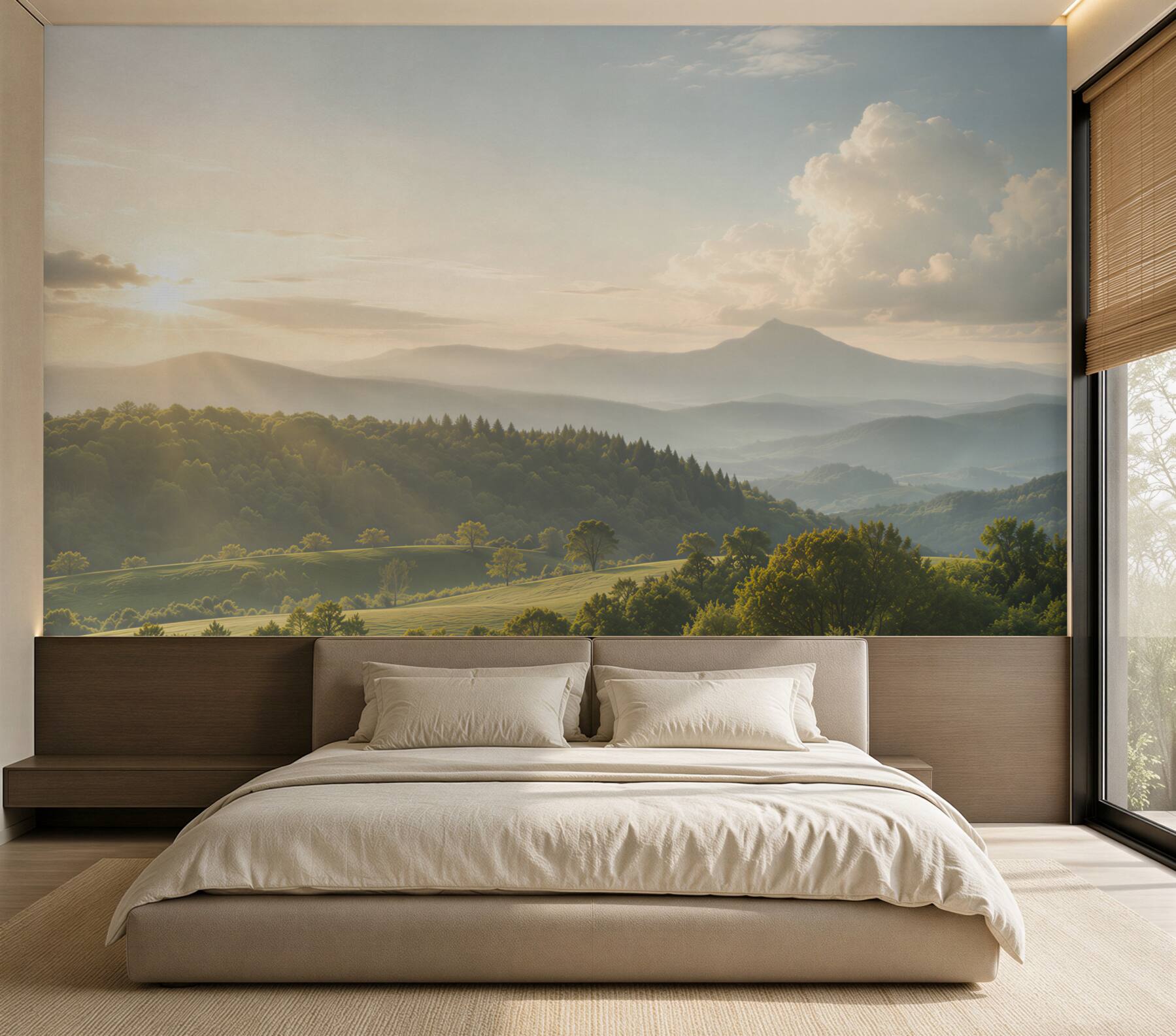 Fotobehang ochtendstralen boven de bergtoppen