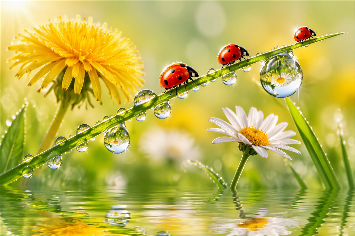 Fotobehang lieveheersbeestjes en paardenbloem na de regen