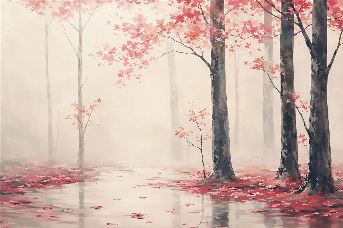 Fotobehang landschap met herfstbladeren op het water