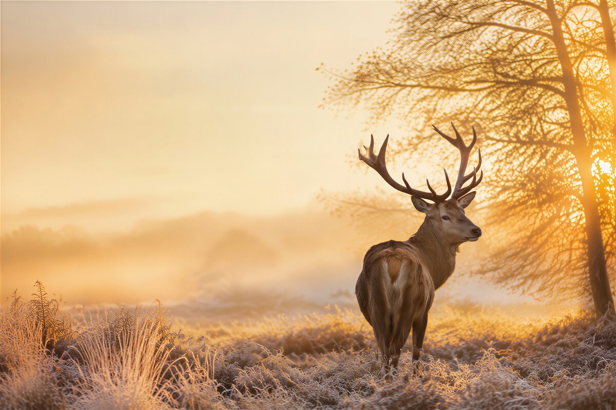 Fotobehang prachtige hert dat de zonsondergang op een weide bekijkt