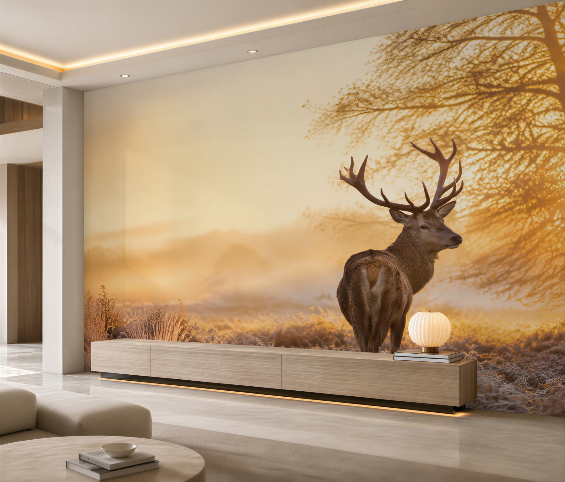 Fotobehang prachtige hert dat de zonsondergang op een weide bekijkt