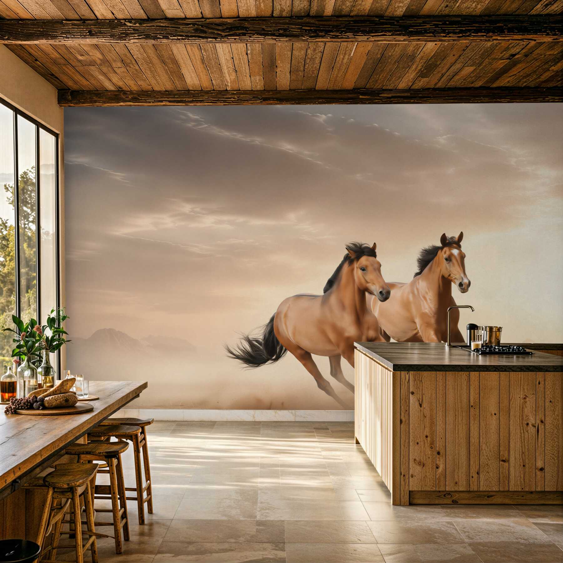 Fotobehang bruine paarden rijdend in paren