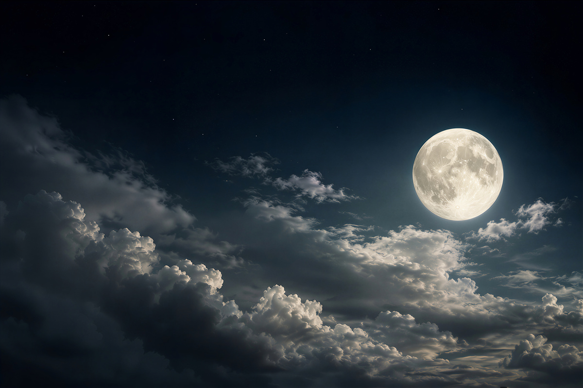 Fotobehang hypnotiserende volle maan boven de wolken
