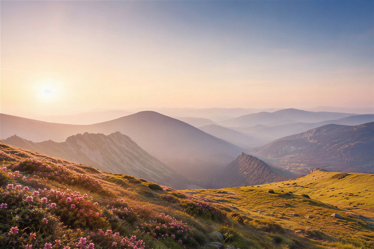 Fotobehang landschap van de bergtop bij zonsopgang
