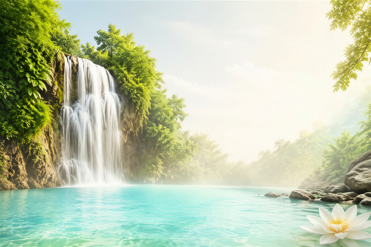 Fotobehang bergwaterval en azuurblauw meer