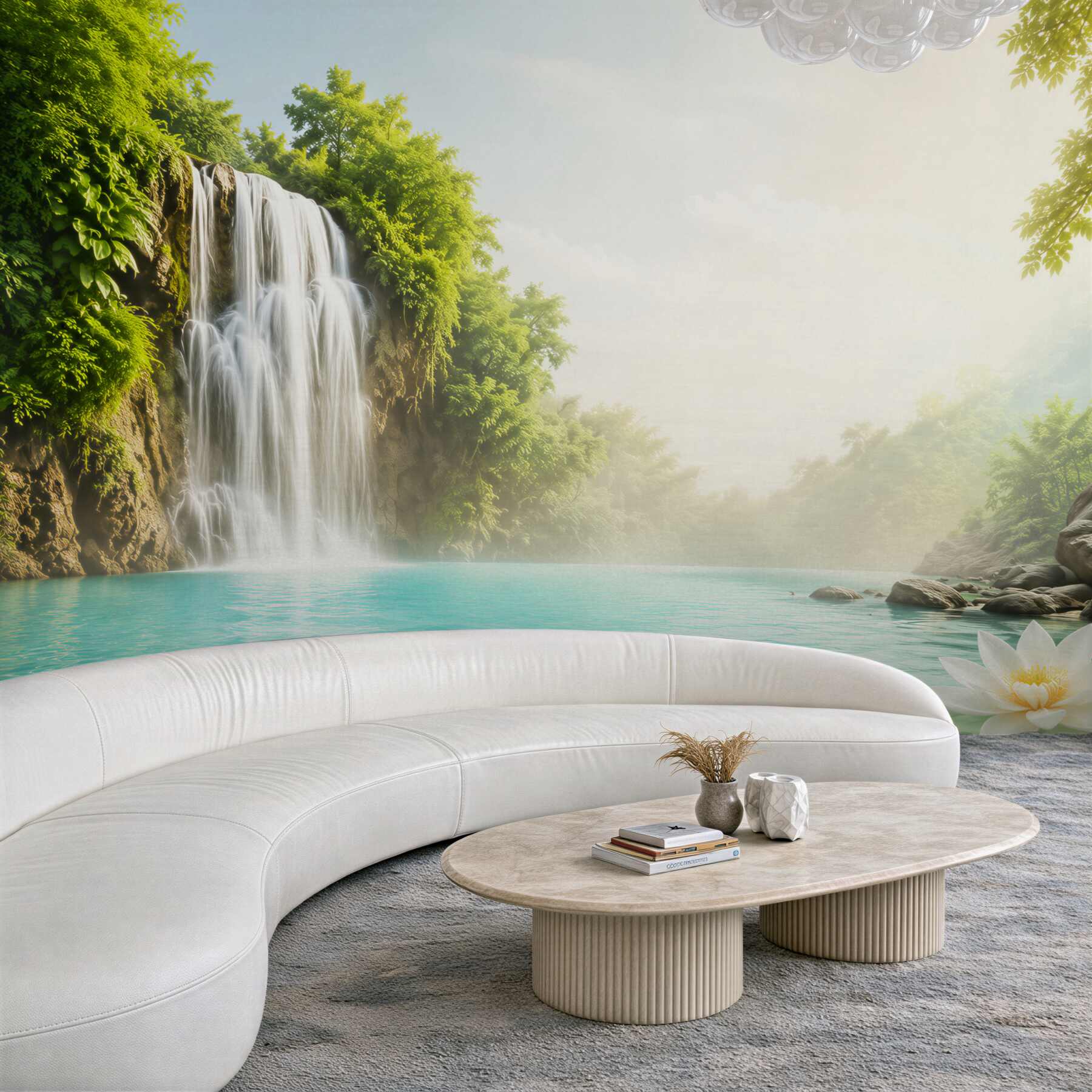 Fotobehang bergwaterval en azuurblauw meer
