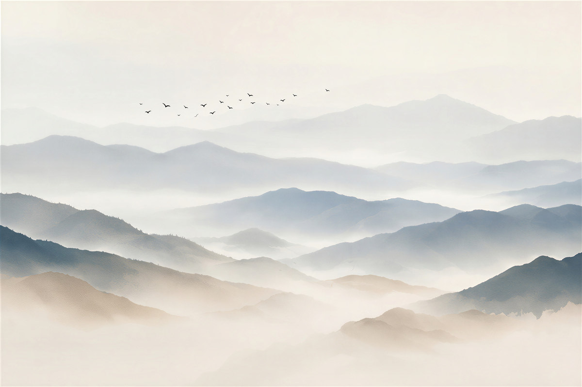 Fotobehang vogels boven het mistige ochtendbos