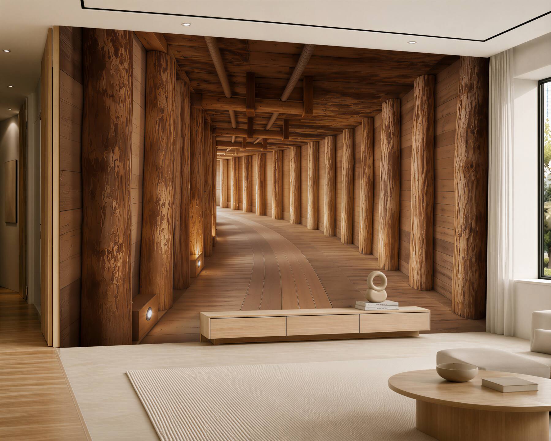 Fotobehang ondergrondse houten tunnel