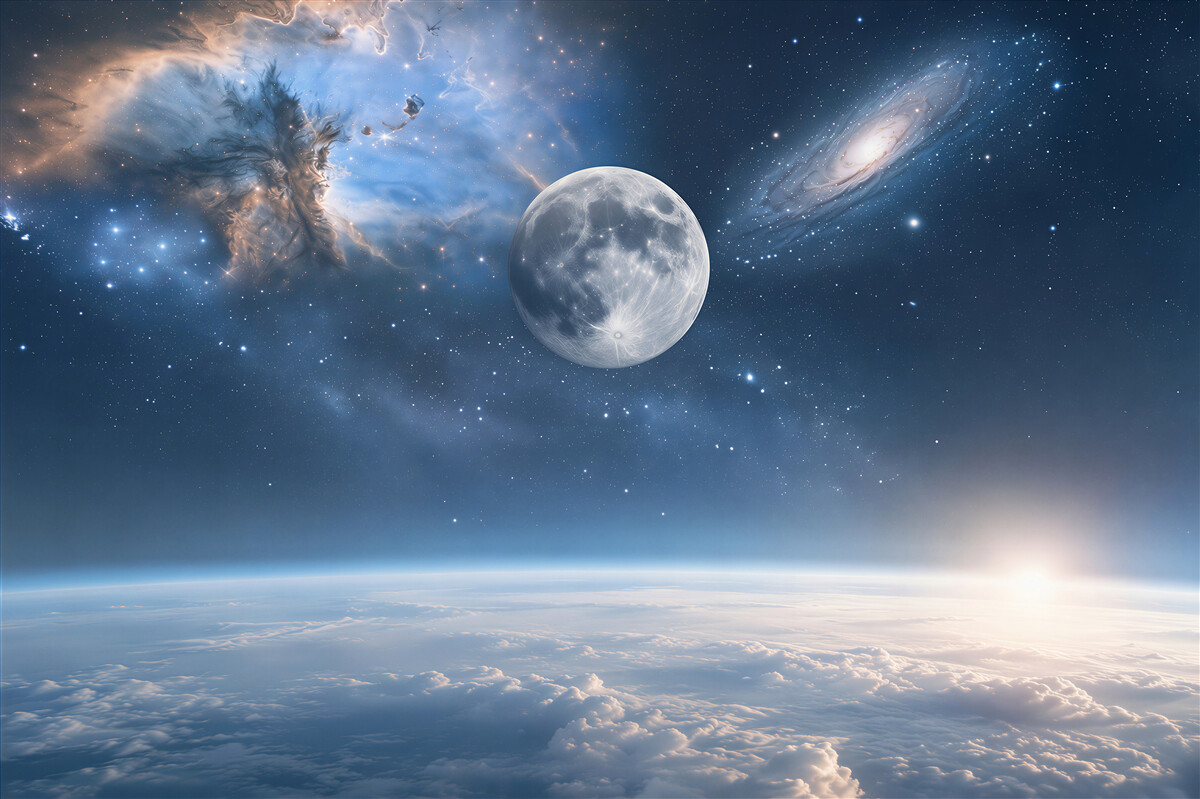 Fotobehang ruimte en maan boven de wolken