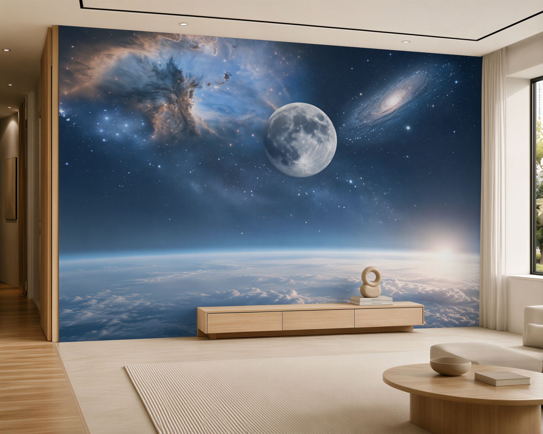 Fotobehang ruimte en maan boven de wolken